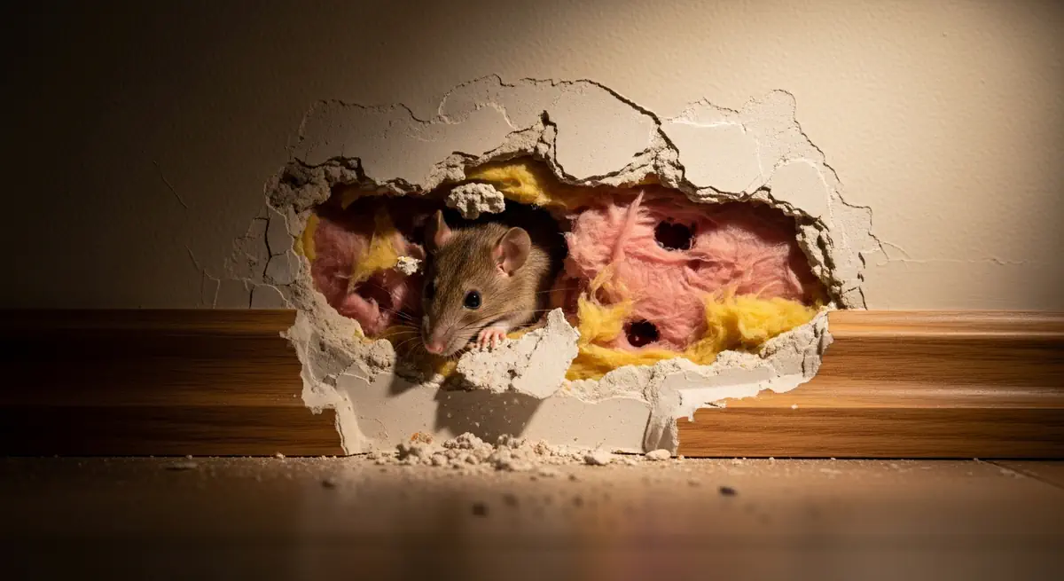 Rongeur ayant creusé une galerie dans l'isolation de la maison