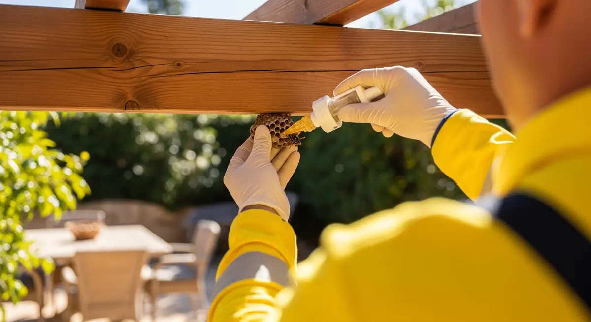Traitement de nid de guêpes sur terrasse méditerranéenne à Béziers, en Occitanie