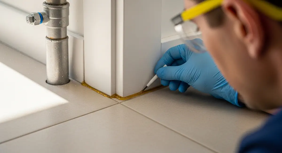 Application de gel anti-cafards le long des plinthes et des points d'eau