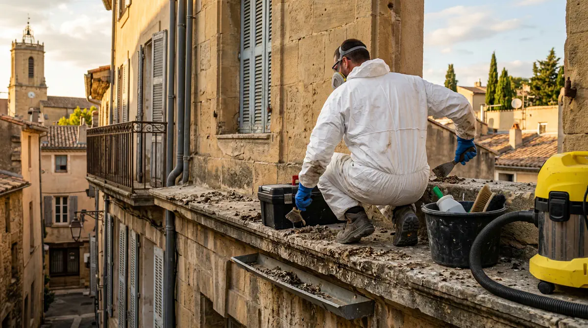 Défientage désinfection fientes pigeons professionnel Hérault