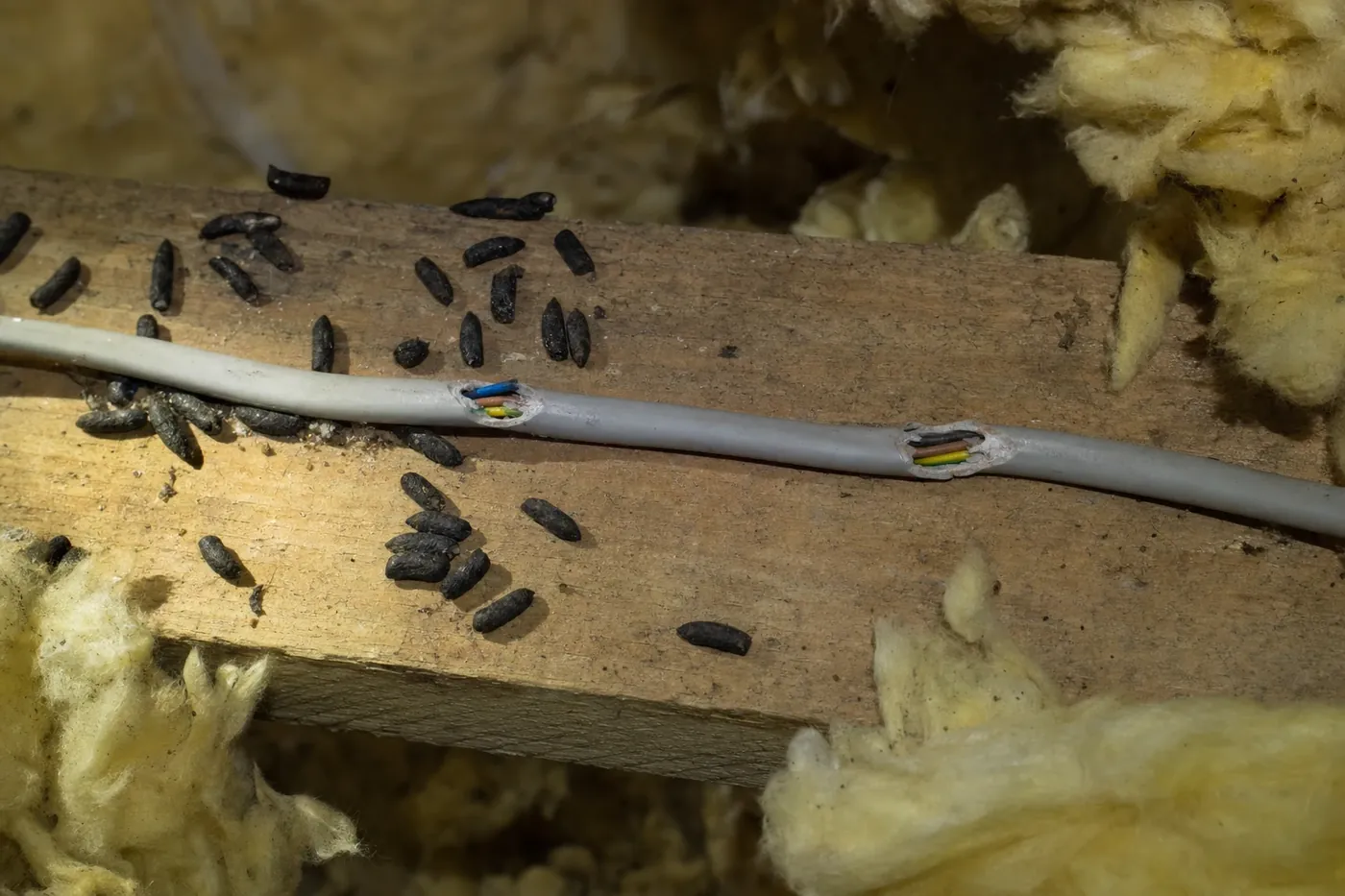 Crottes de rongeur et câble électrique à la gaine rongée sur une solive de comble