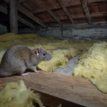 Rat sur une solive dans un comble isolé à la laine de verre, éclairé par une lampe torche