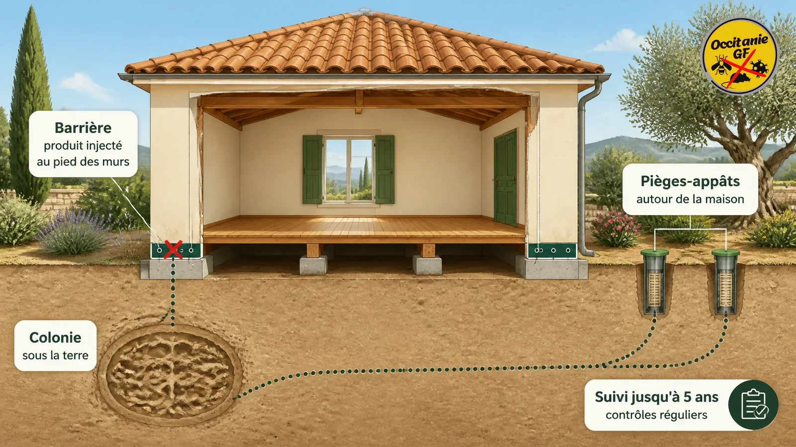 Schéma d'une maison en coupe : la colonie de termites sous la terre, la barrière injectée au pied des murs, les pièges-appâts autour de la maison et le suivi jusqu'à cinq ans